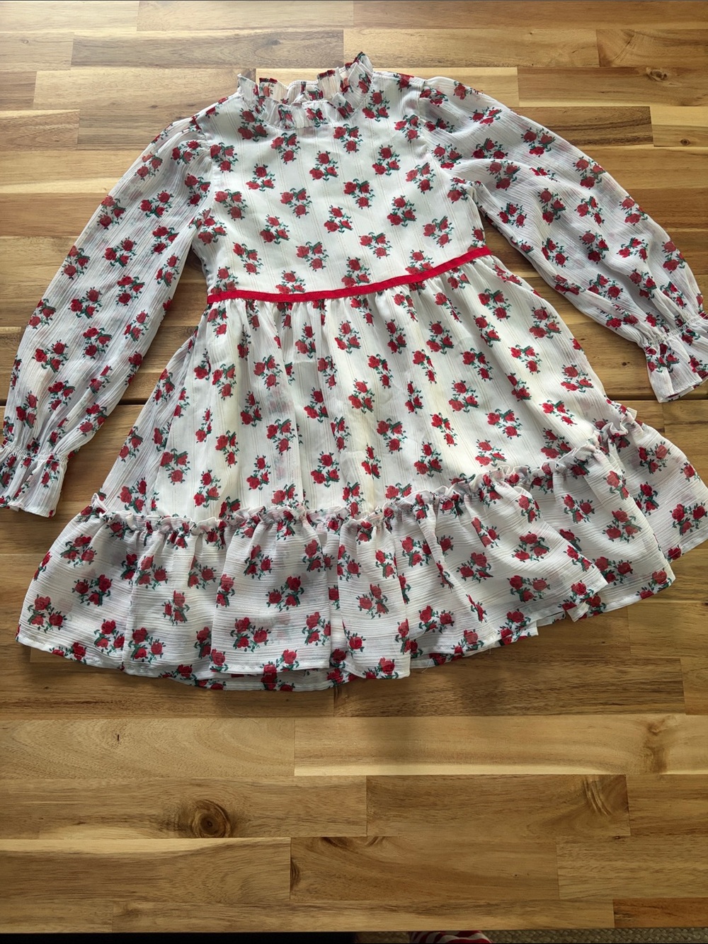 Girls' White Floral Long-Sleeve Ruffle Dress with Red Rose Print